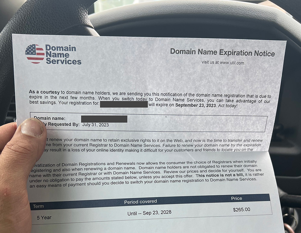 Domain name scam sending letters in the mail prompting renewal